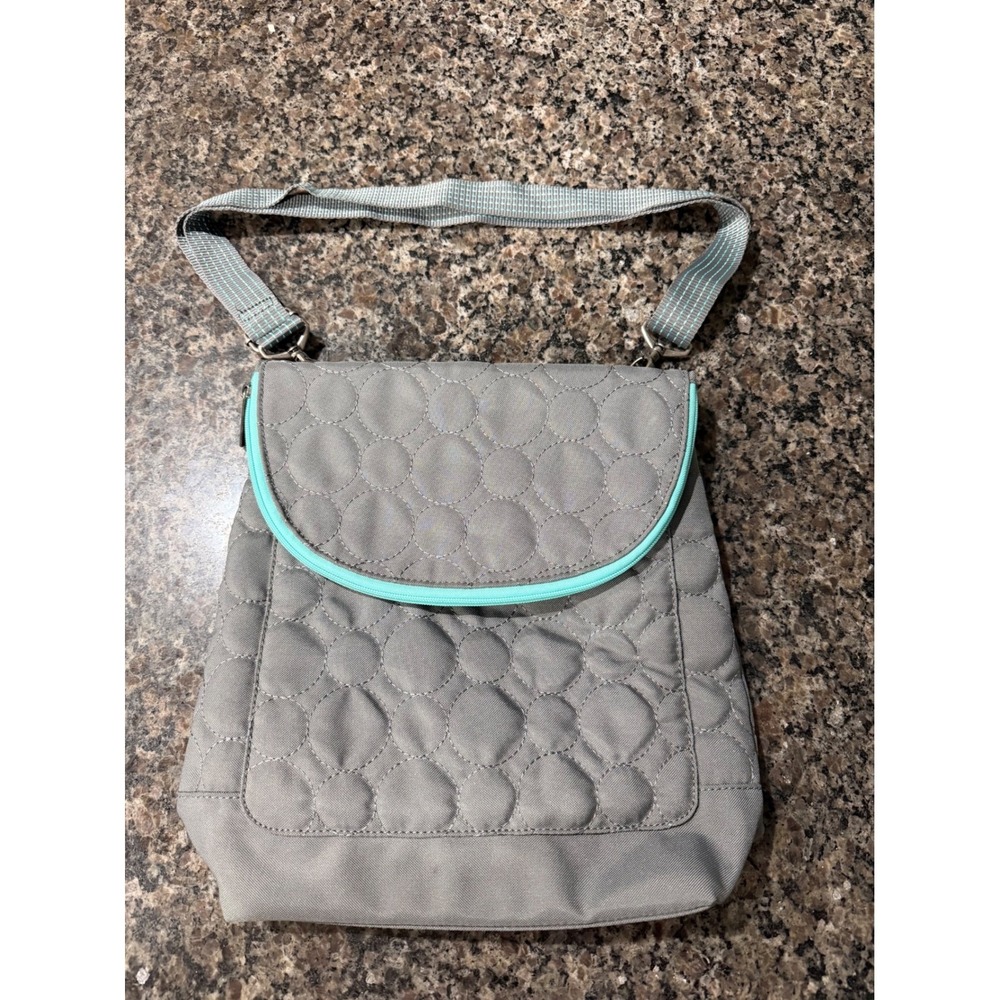 Thirty-One Grey Quilted Crossbody Bag Teal Trim Adjustable Strap Everyday Purse